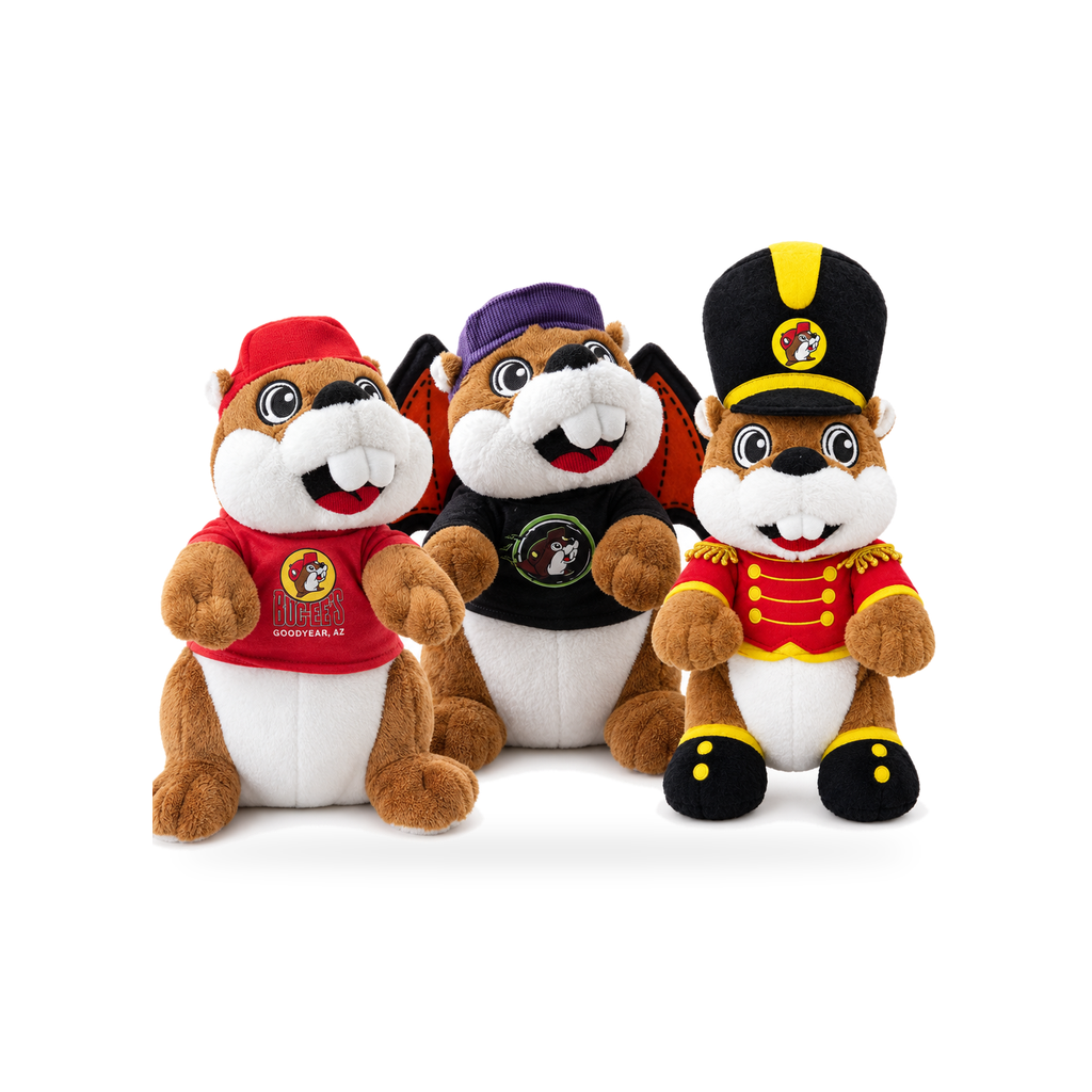 Buc-ee's beaver plush bundle of three: red Goodyear, AZ tee, black tee with bat wings, and red marching band uniform