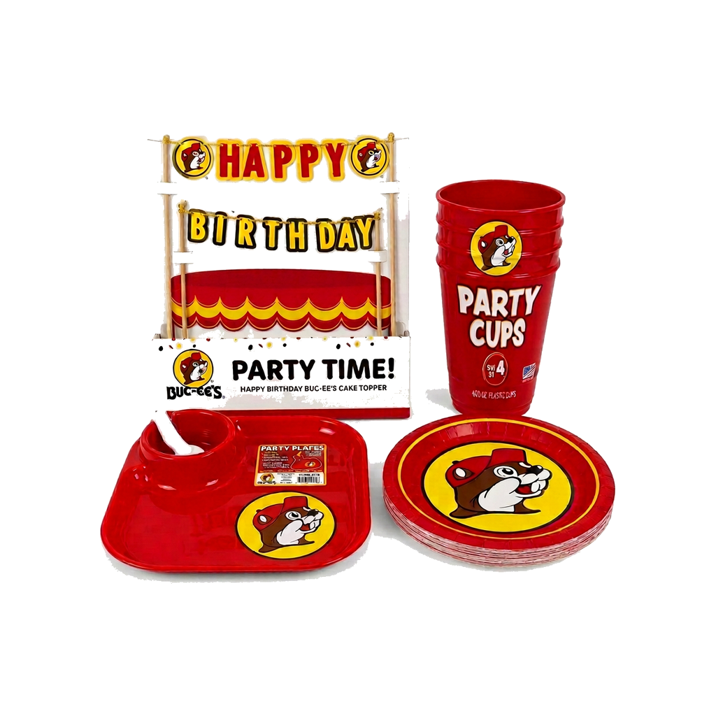Buc-ee’s party bundle with Happy Birthday cake topper, four 20 oz Party Cups, red square party plate, and round paper plates