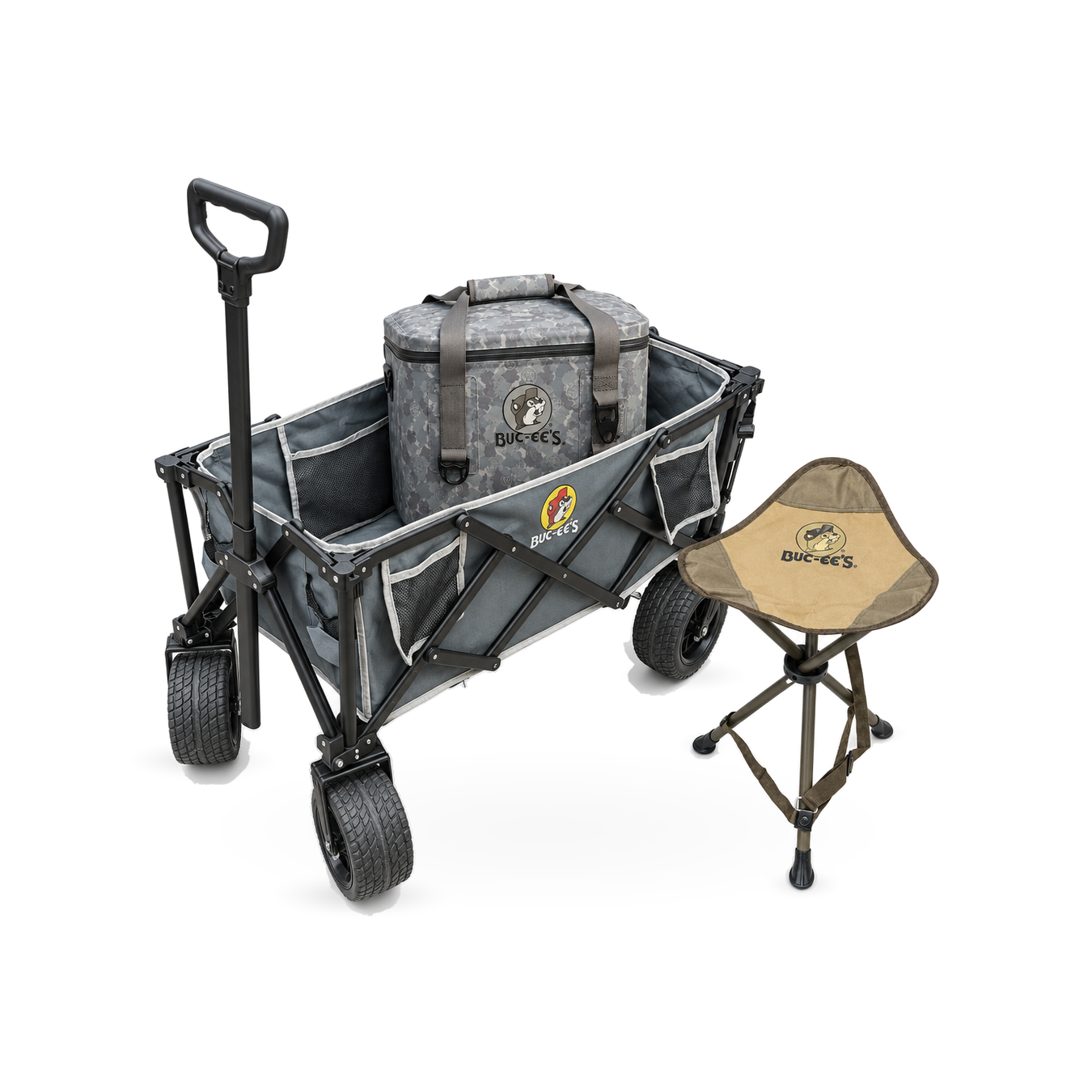 Buc-ee's outdoor bundle with a gray collapsible wagon, gray camo soft cooler bag, and tan tripod camping stool