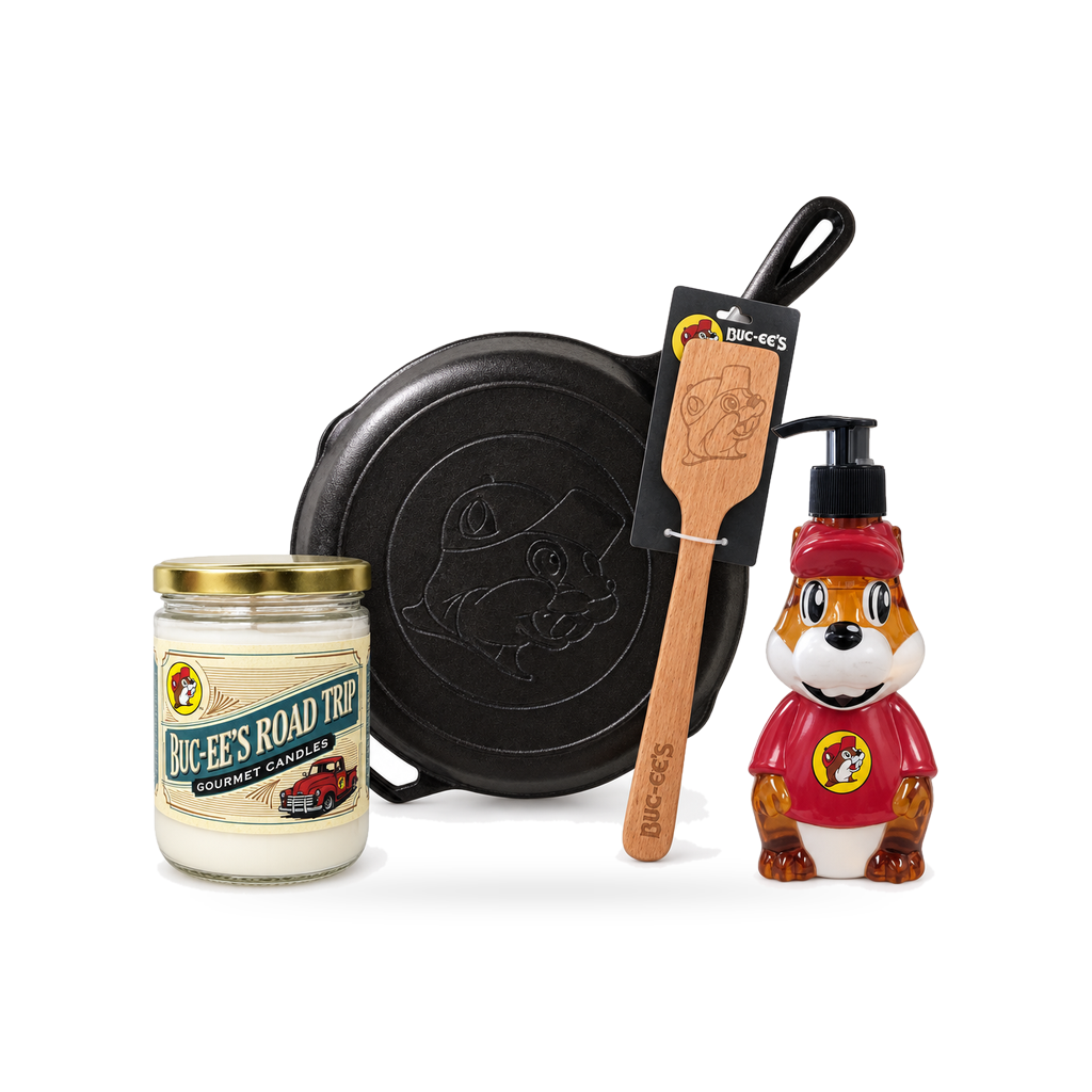 Buc-ee's 4-piece bundle with embossed cast iron skillet, wooden spatula, Road Trip jar candle and beaver soap dispenser