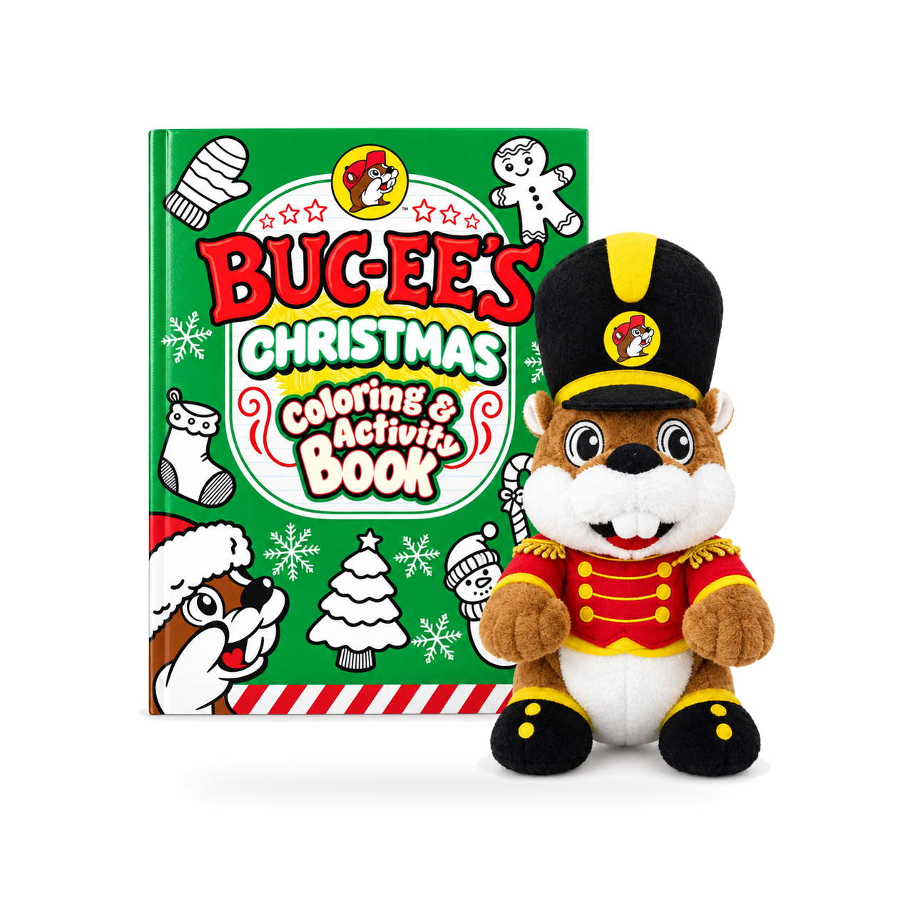Buc-ee's Christmas Coloring & Activity Book with a beaver nutcracker plush in a red jacket and tall black-and-yellow hat