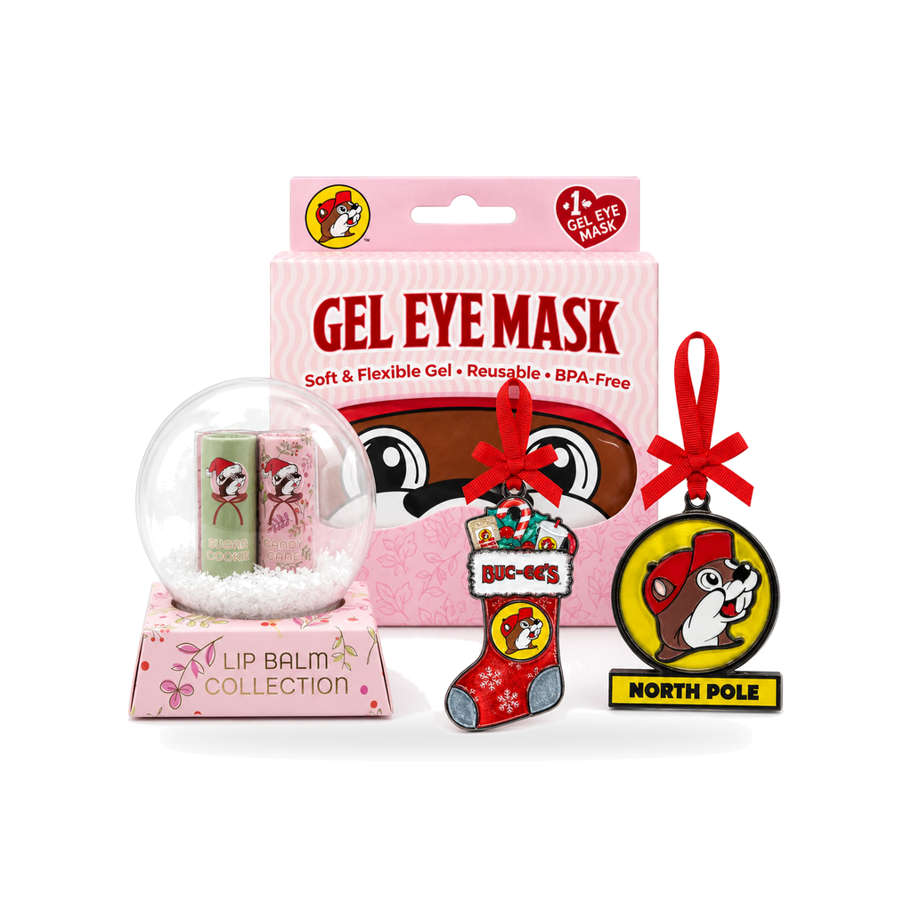 Buc-ee's holiday bundle with a pink gel eye mask, Sugar Cookie and Candy Cane lip balm snow globe, and two ornaments