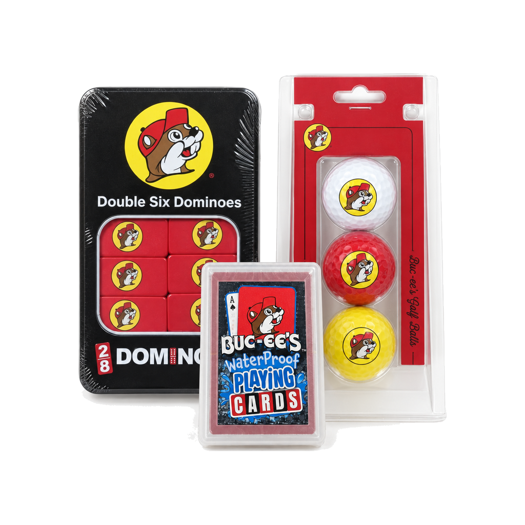 Buc-ee's game set with Double Six Dominoes in a black tin, waterproof playing cards, and white, red and yellow golf balls