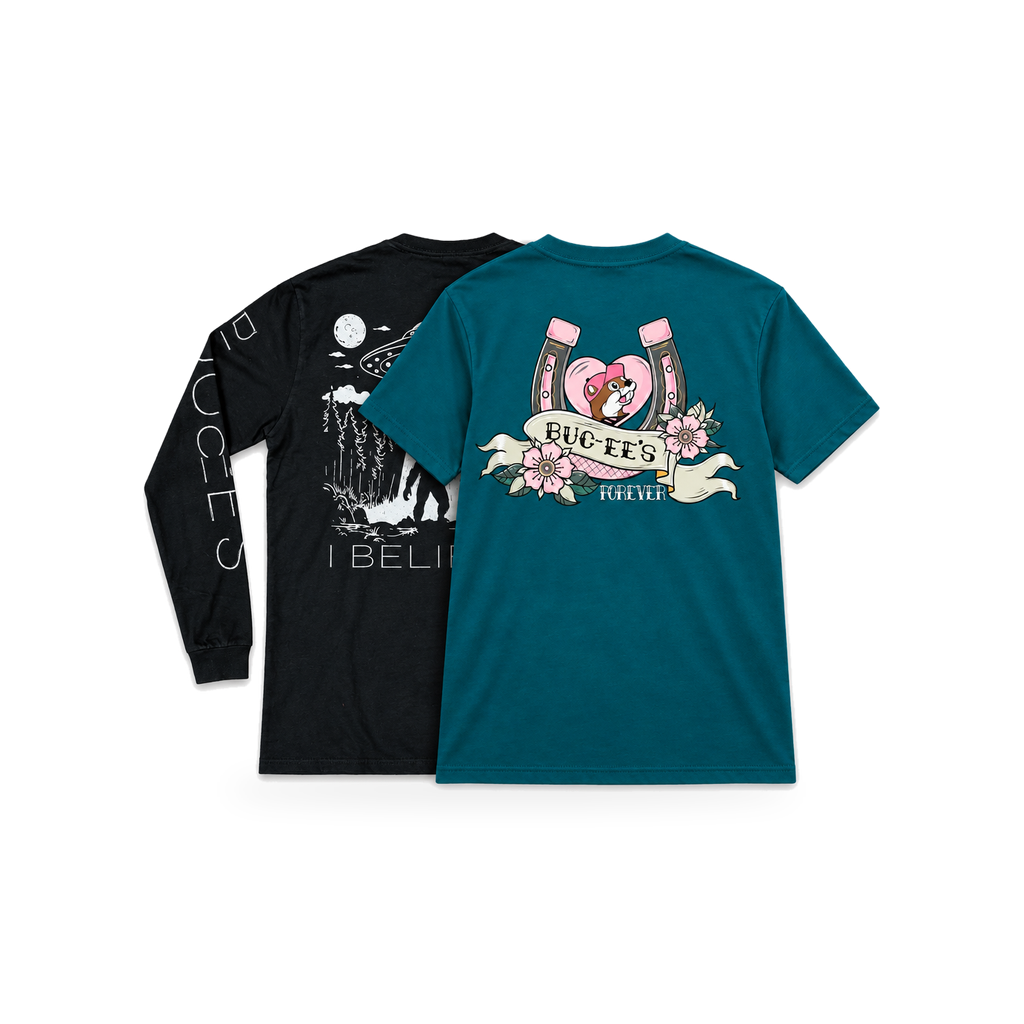 Buc-ee's tee bundle, back view: teal Forever tattoo-style horseshoe tee and black long sleeve with Bigfoot forest print