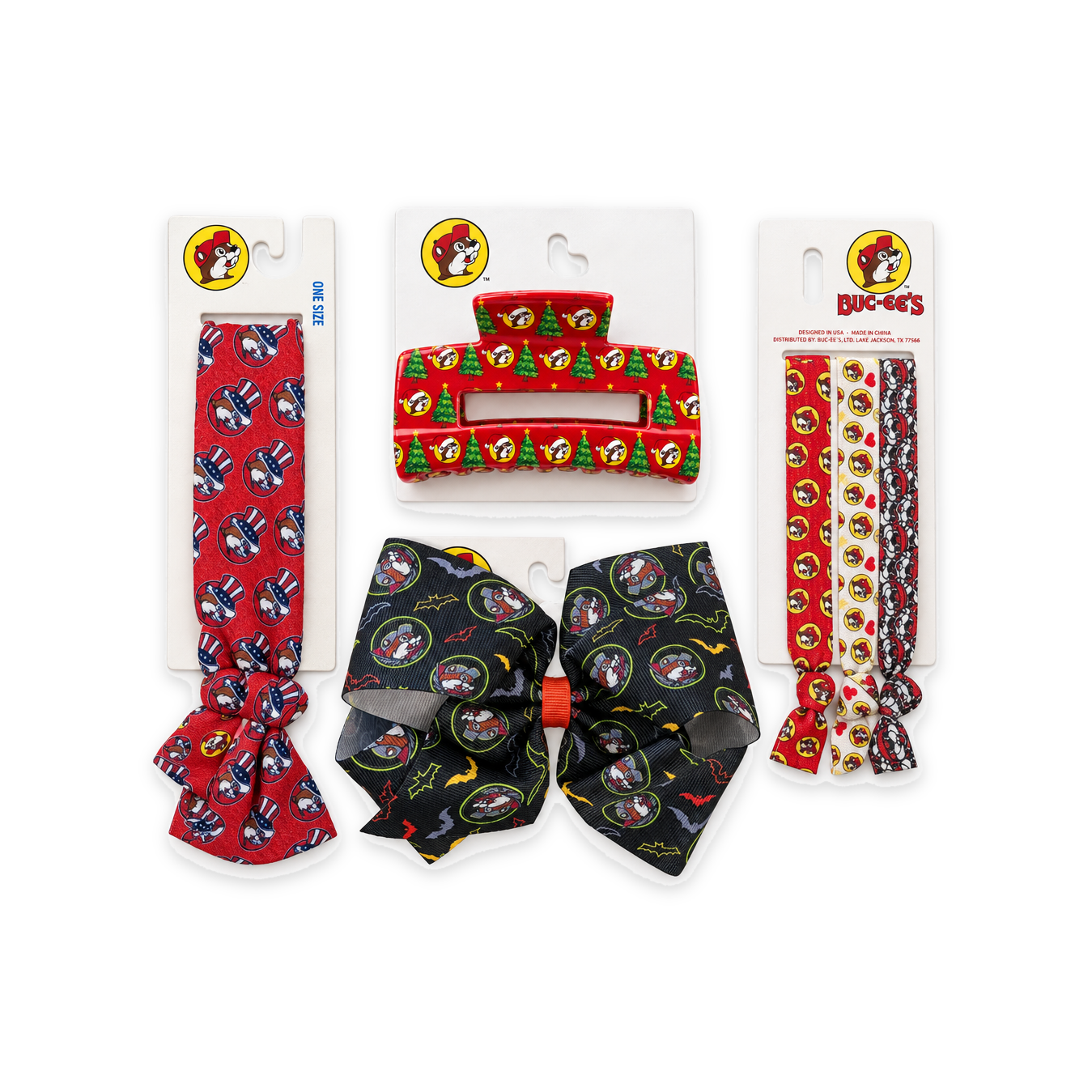 Buc-ee's hair accessories bundle with patriotic hair tie, Christmas claw clip, Halloween bat bow, and 3 elastic hair ties