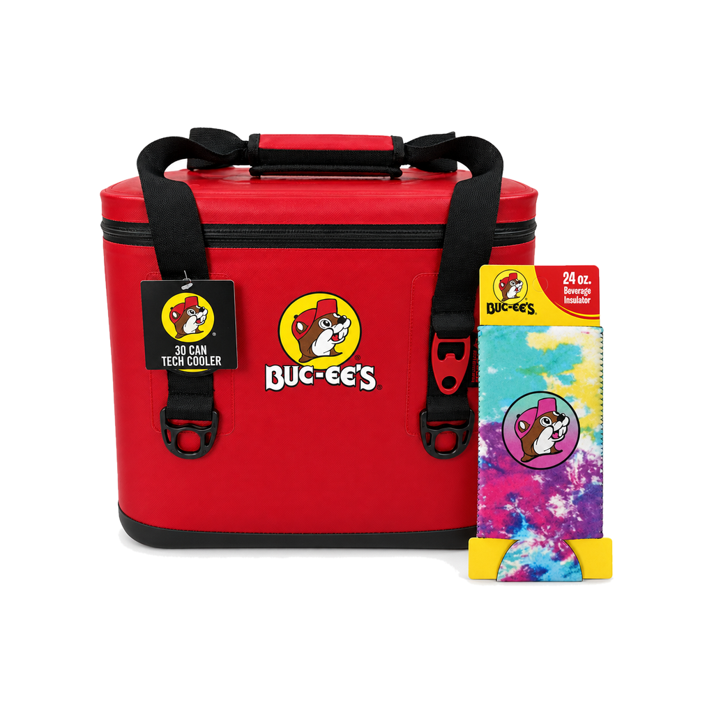 Buc-ee's 30 Can Tech Cooler in red with black straps and bottle opener, bundled with a 24 oz tie-dye beverage insulator