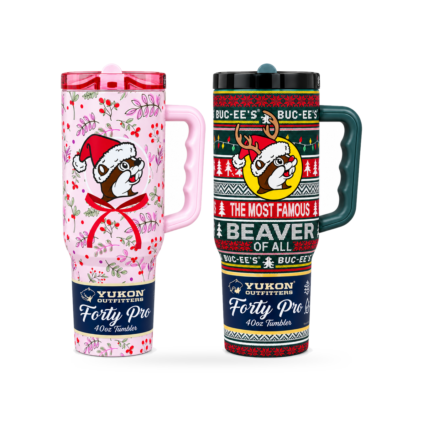Buc-ee's Yukon Outfitters Fit Forty Pro 40 oz Christmas tumblers in pink floral and green ugly sweater with Santa hat beaver