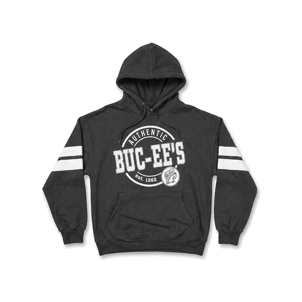 Buc-ee's Authentic est. 1982 black pullover hoodie with beaver logo and white double-striped sleeves