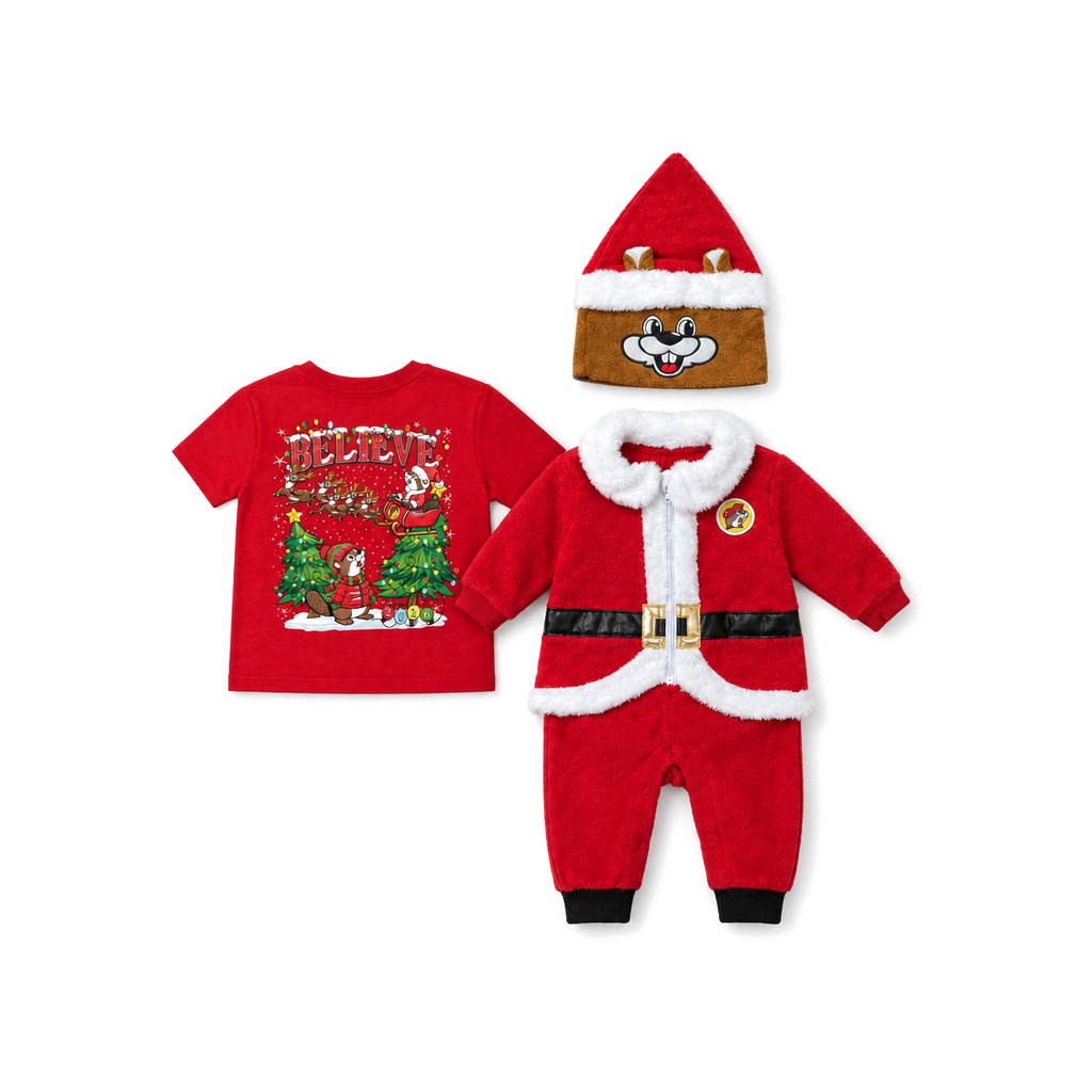Buc-ee's Christmas bundle with red Believe beaver T-shirt, baby Santa romper with fur trim, and beaver face Santa hat