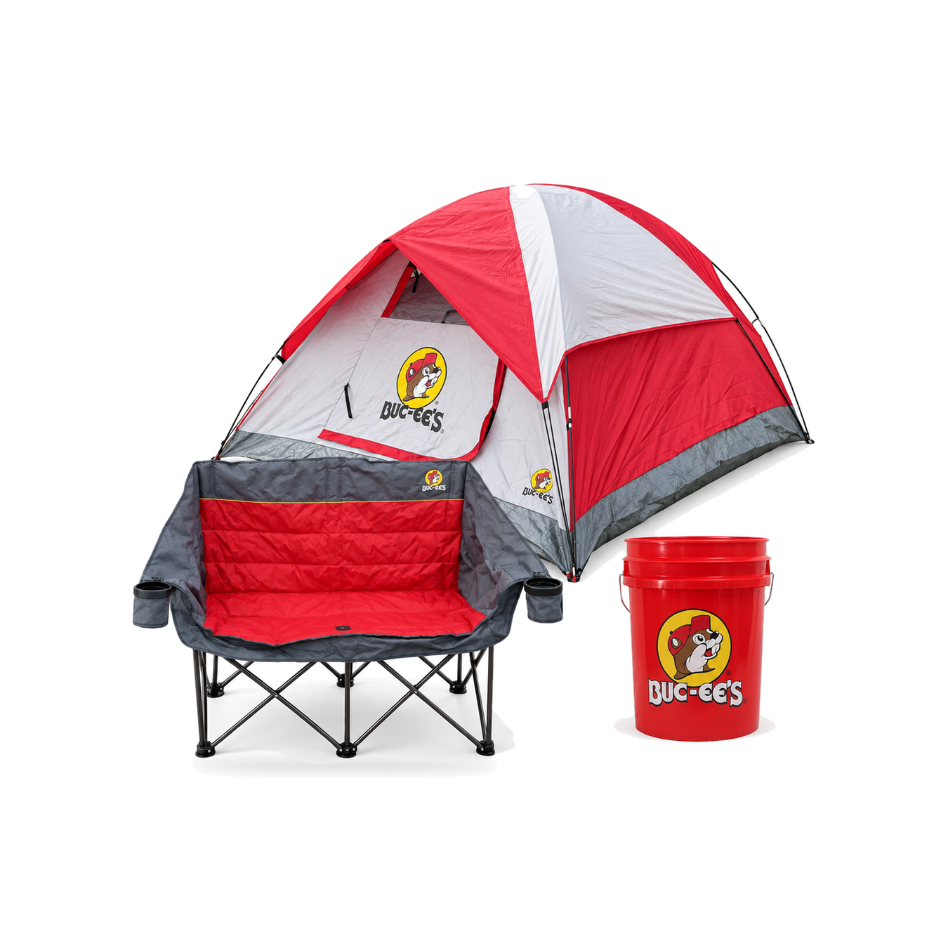Buc-ee's camping bundle with a red and white dome tent, red folding loveseat camp chair with cup holders, and a red bucket.