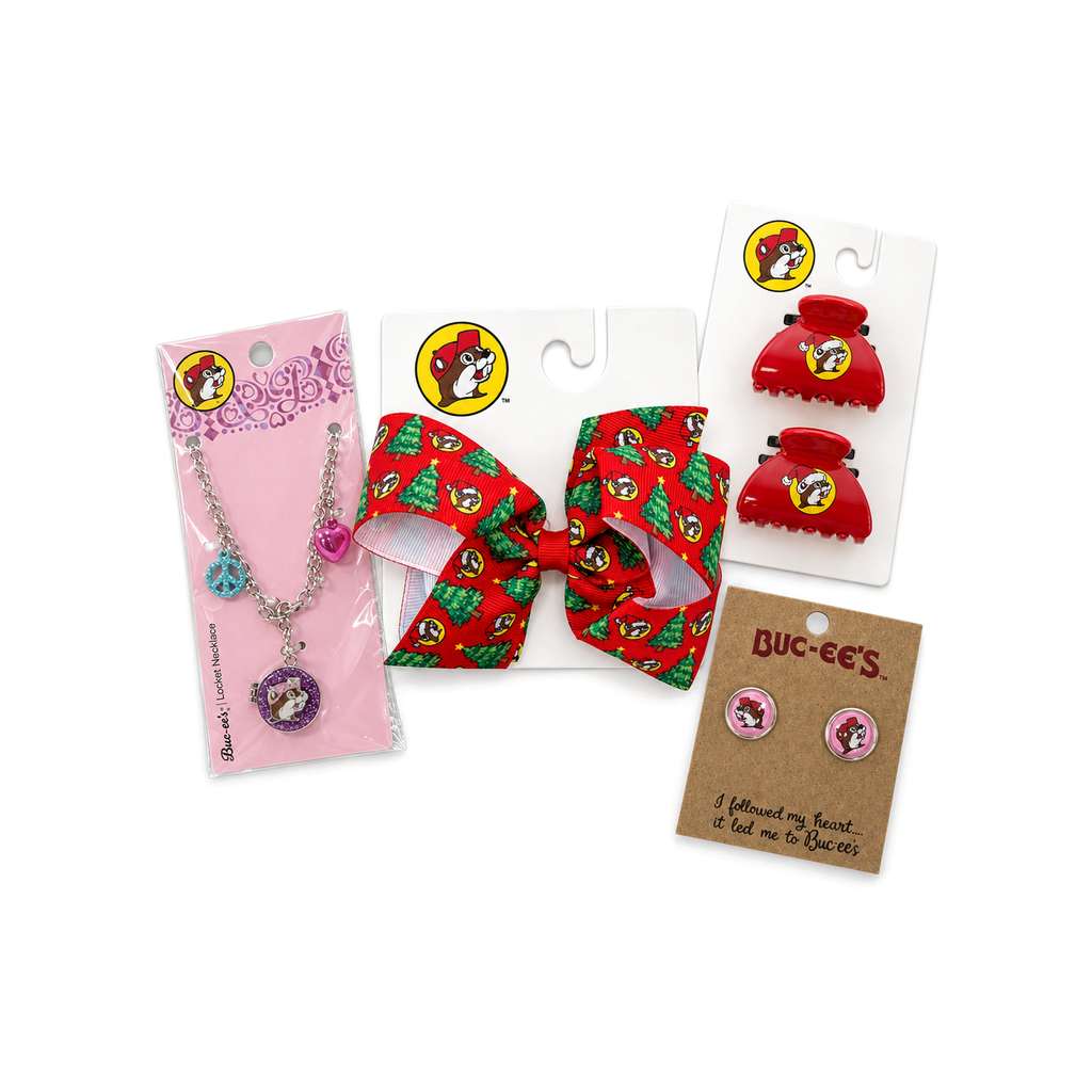 Buc-ee's Christmas bundle with a tree print hair bow, red Santa beaver claw clips, pink stud earrings and locket necklace