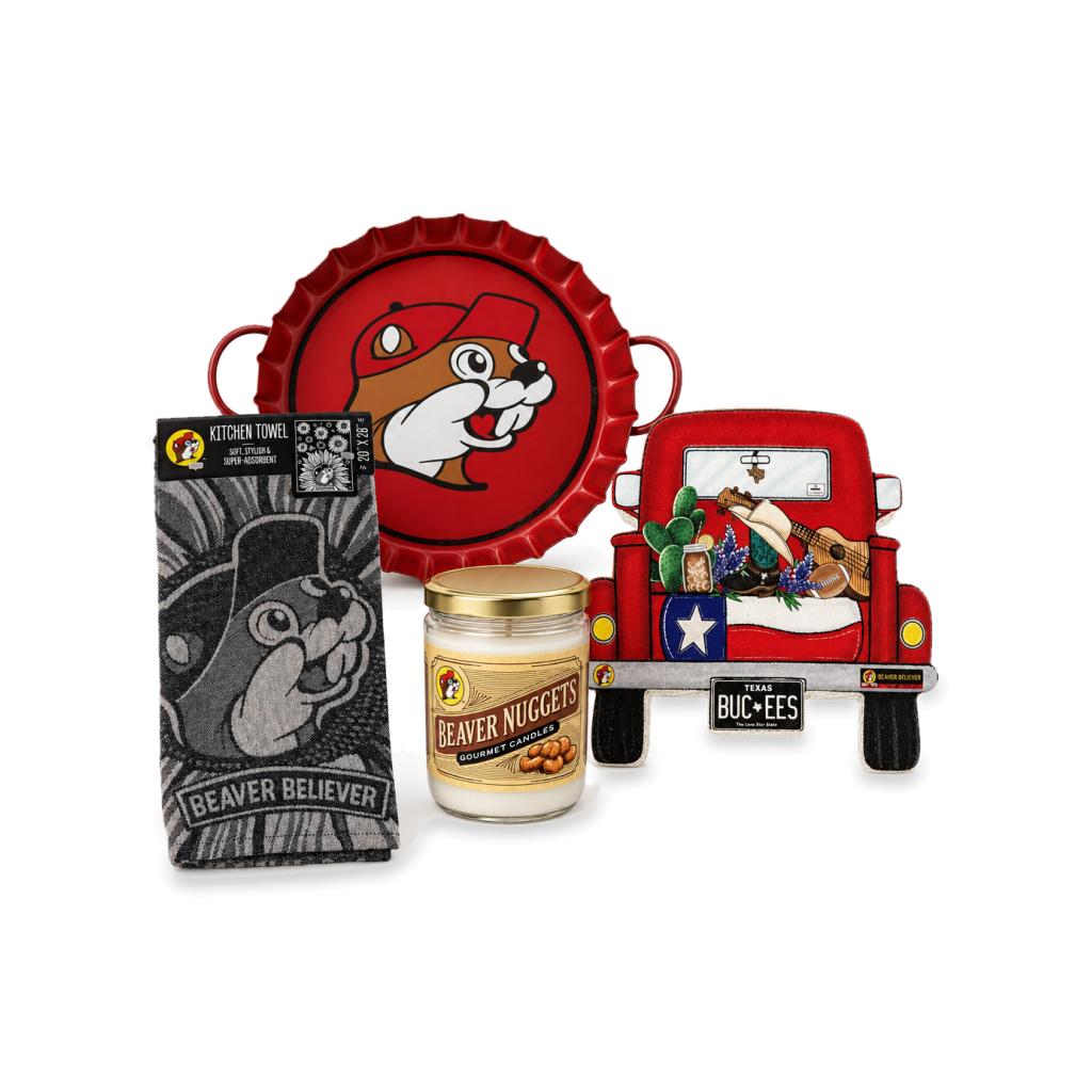 Buc-ee's four-piece home and kitchen bundle with Beaver Nuggets candle, bottle cap tray, kitchen towel and red truck decor