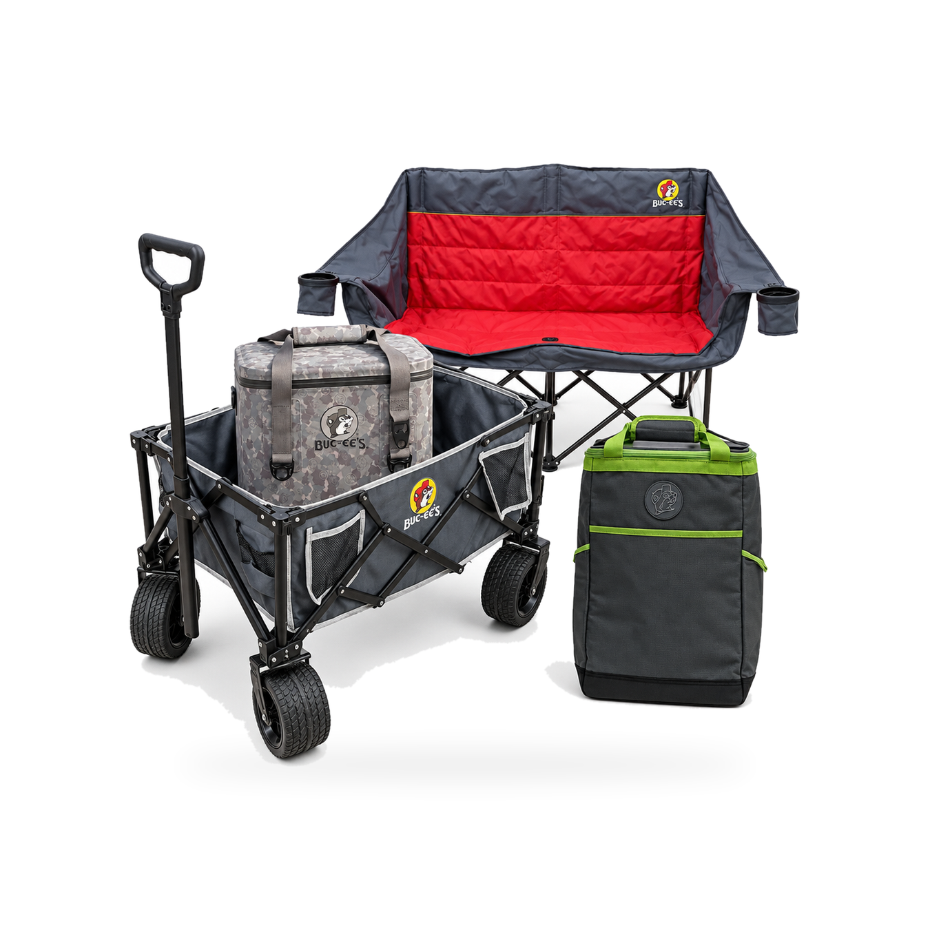 Buc-ee's outdoor bundle with a red and gray loveseat camp chair, gray folding wagon, camo soft cooler, and backpack cooler