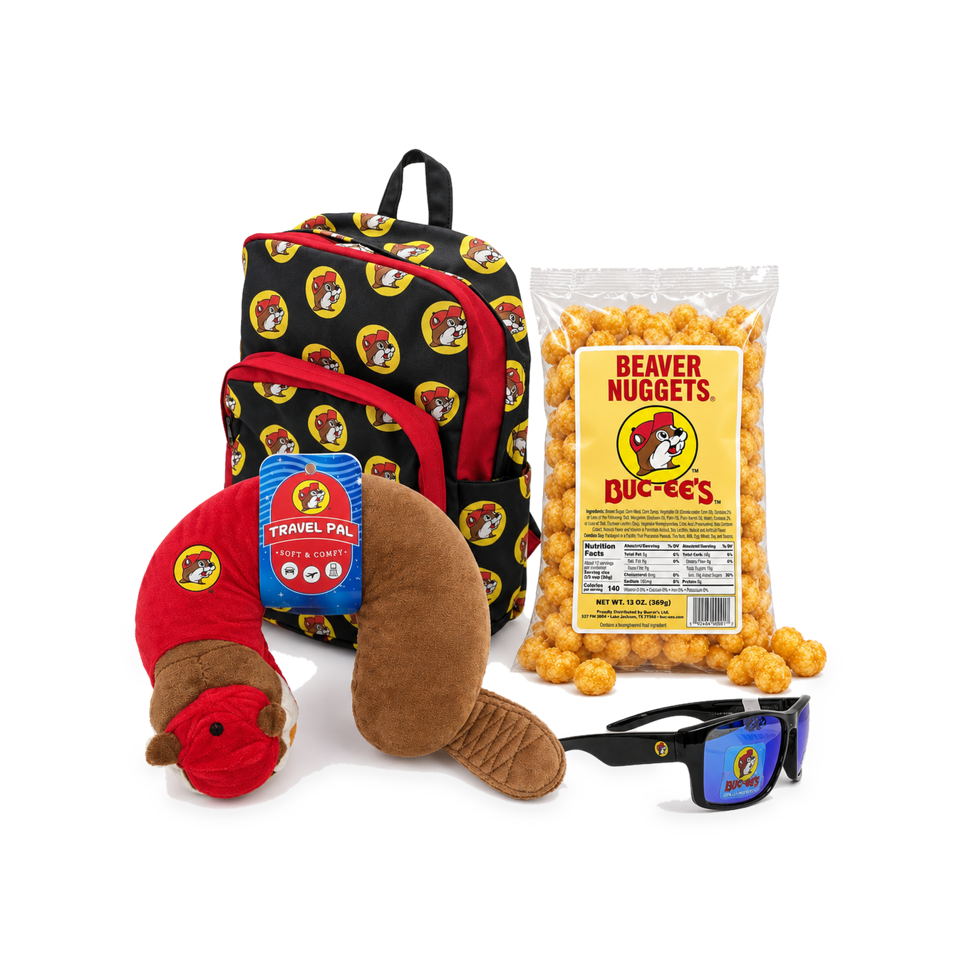 Buc-ee's travel bundle with beaver logo backpack, Travel Pal neck pillow, 13 oz Beaver Nuggets, and blue mirrored sunglasses
