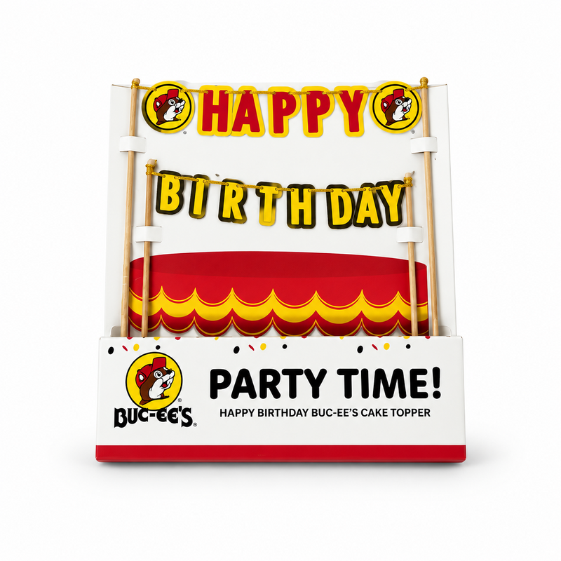 Buc-ee's Party Time Happy Birthday cake topper in its display package