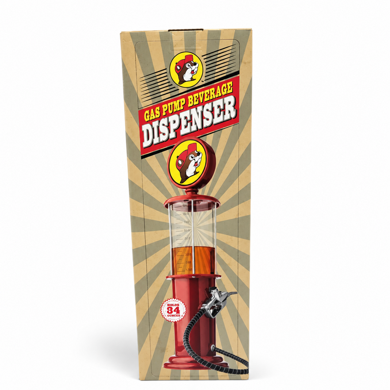 Gas Pump Beverage Dispenser retail box with tan sunburst design