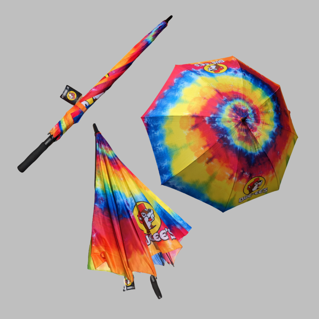 Tie-dye Buc-ee's umbrellas shown open and closed