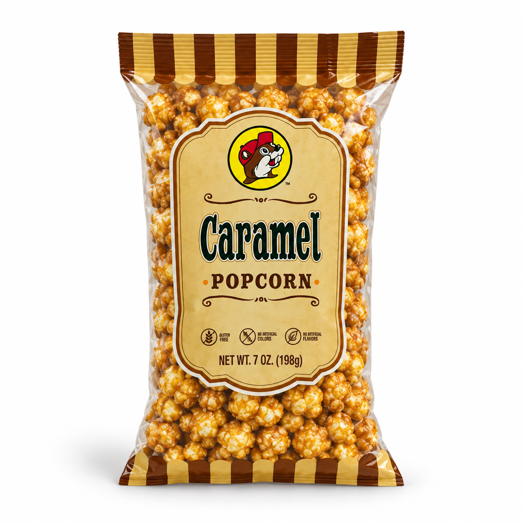 Clear bag of Buc-ee's Caramel Popcorn with brown striped label, front view on white