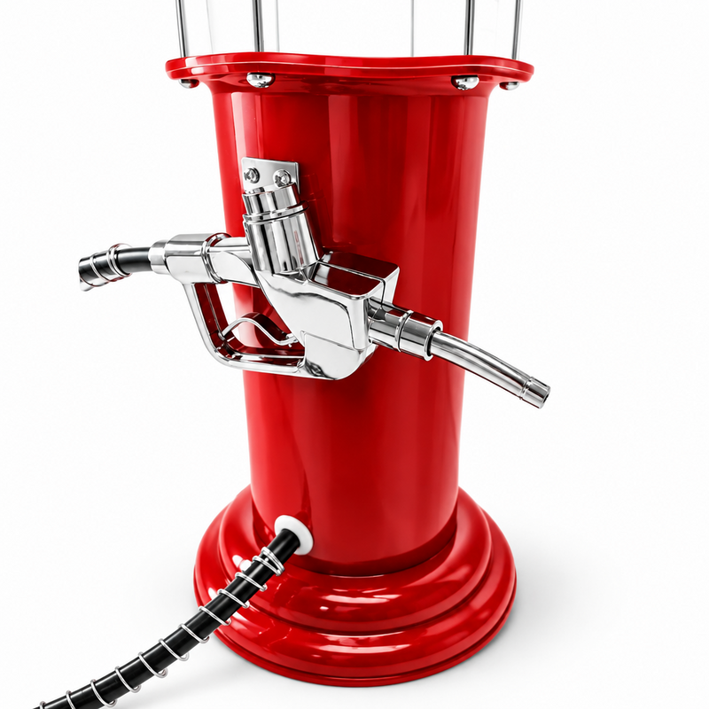 Close-up of the red gas pump beverage dispenser and its nozzle