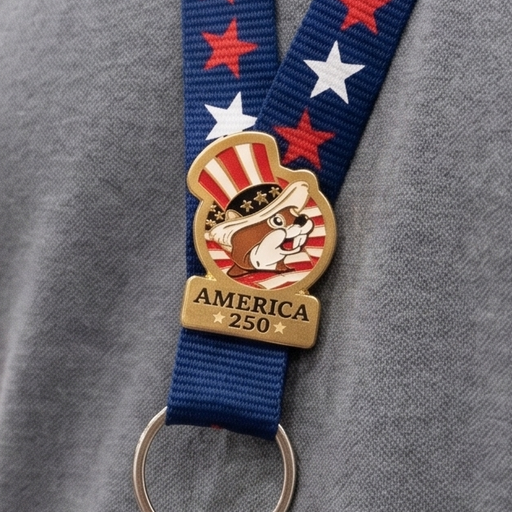 Person wearing a lanyard with an American flag design in a blurred indoor setting