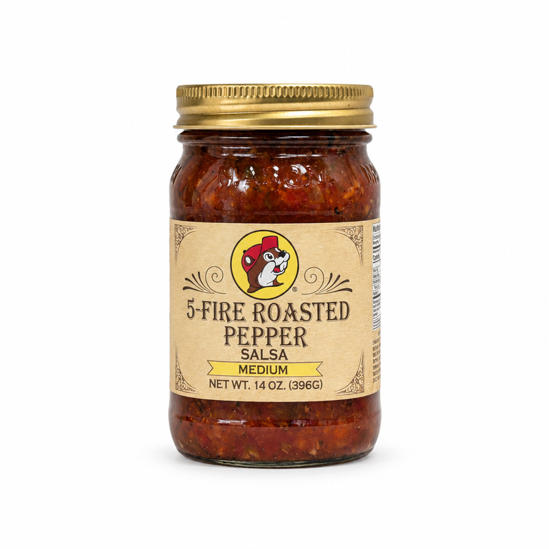 Jar of Buc-ee's 5-Fire Roasted Pepper Salsa, Medium, 16 oz, with gold lid, on white