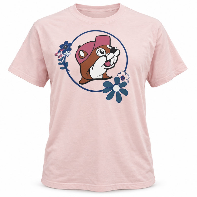Front of pink Buc-ee's Makes Me Happy shirt with floral Buc-ee the Beaver circle
