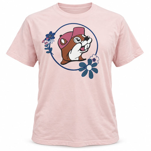 Front of pink Buc-ee's Makes Me Happy shirt with floral Buc-ee the Beaver circle