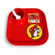 Red square Buc-ee's plastic plate with cup holder and Buc-ee the Beaver logo