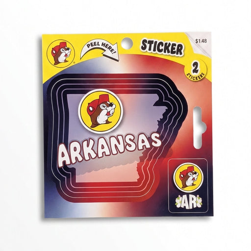 Pack of two Arkansas Buc-ee's stickers in a clear plastic sleeve with a yellow and red backing card, shown on a white background.