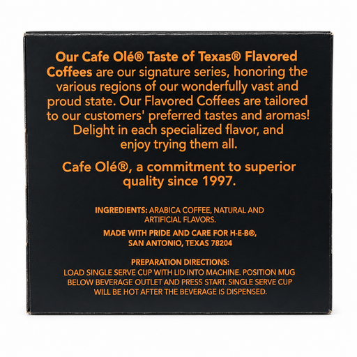 Side panel of the Cafe Olé Taste of Austin pods box