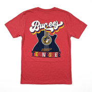 Back of Buc-ee’s Tennessee T-shirt with retro script logo, navy guitar, state outline and multicolor TENNESSEE lettering
