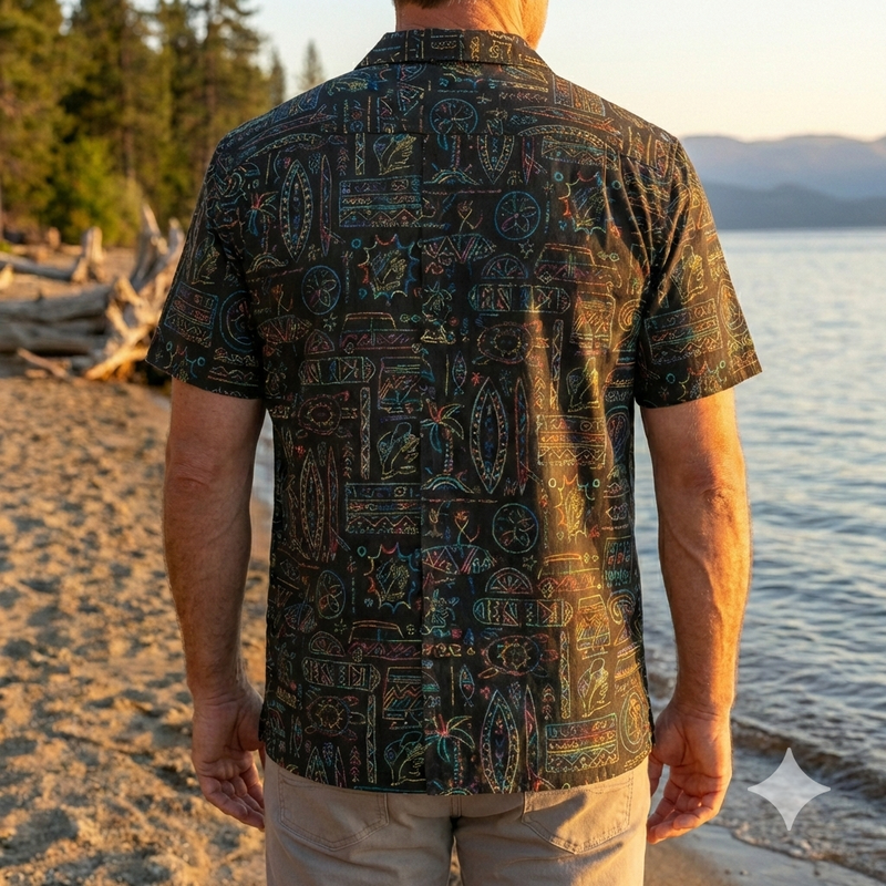 Man wearing a patterned shirt standing on a beach with water and trees in the background