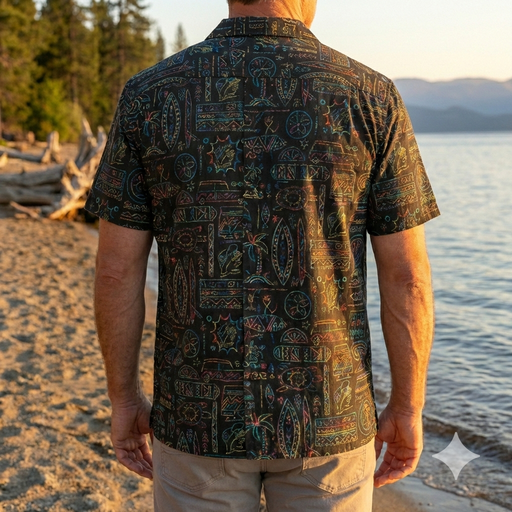 Man wearing a patterned shirt standing on a beach with water and trees in the background
