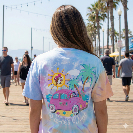 Person wearing a tie-dye t-shirt with a pink car and palm tree design on a boardwalk.
