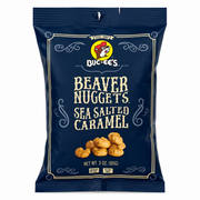 Navy 3 oz bag of Buc-ee's Beaver Nuggets Sea Salted Caramel, front view on white