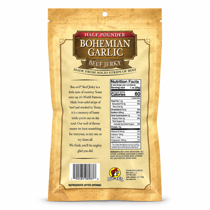 Back of the half pounder Bohemian Garlic Beef Jerky bag showing nutrition facts and barcode