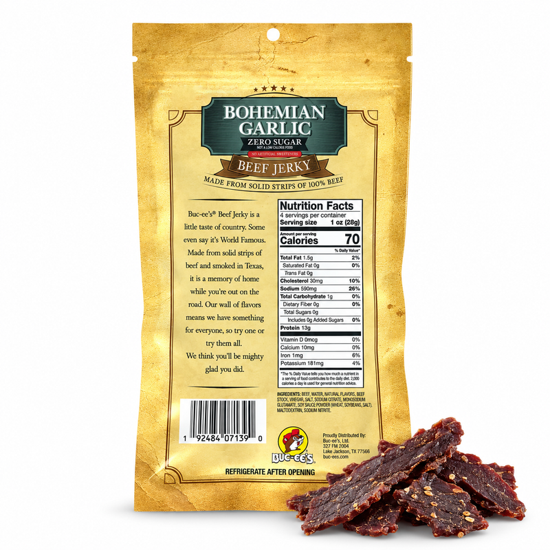 Back of the Bohemian Garlic Zero Sugar Beef Jerky bag with nutrition facts and jerky pieces