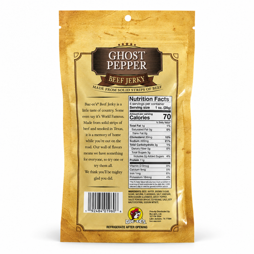 Back of the Buc-ee's Ghost Pepper Beef Jerky bag showing nutrition facts