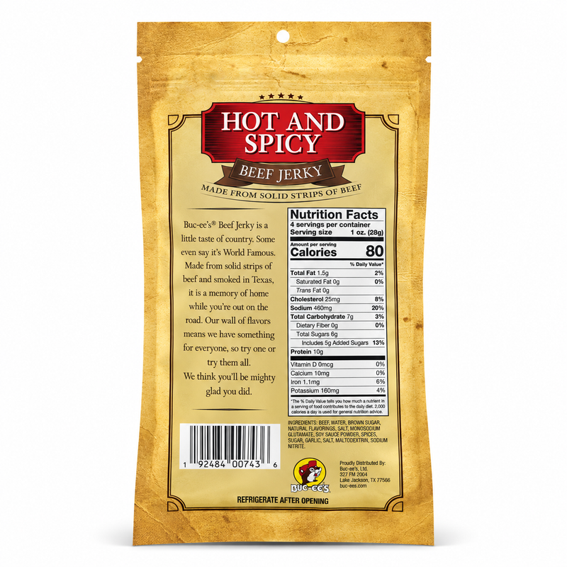 Back of the Buc-ee's Hot and Spicy Beef Jerky bag showing nutrition facts