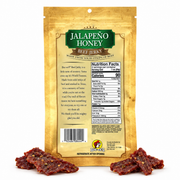 Back of the Buc-ee's Jalapeño Honey Beef Jerky bag with nutrition facts and jerky pieces