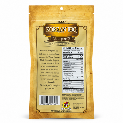 Back of the Buc-ee's Korean BBQ Beef Jerky bag showing nutrition facts