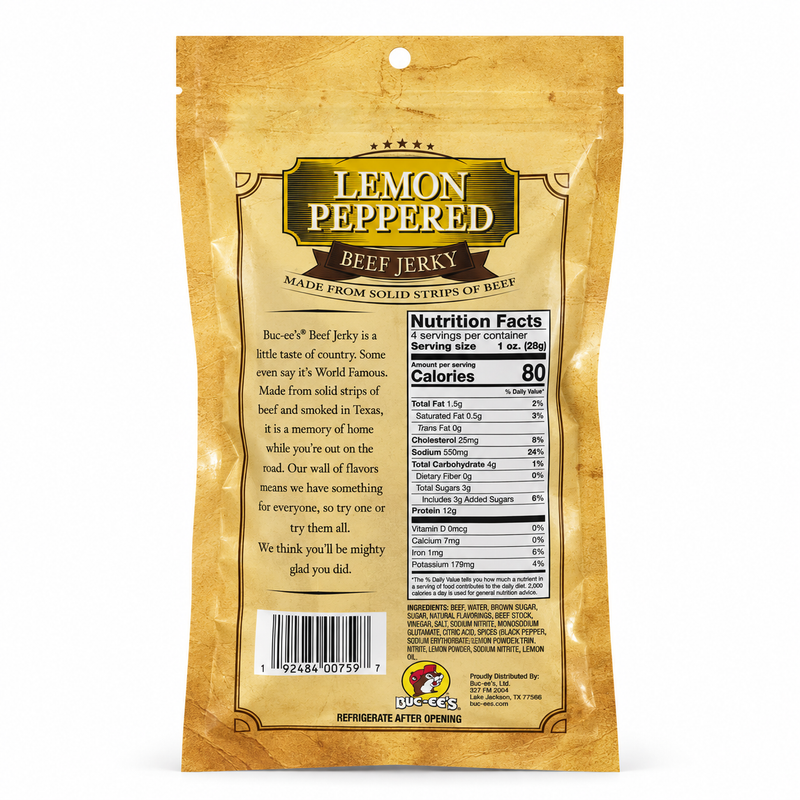 Back of the Buc-ee's Lemon Peppered Beef Jerky bag showing nutrition facts