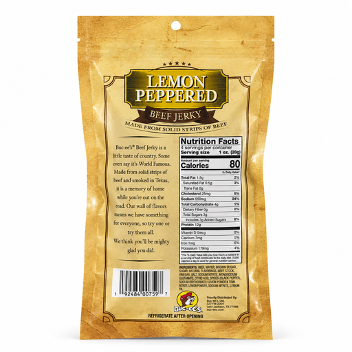 Back of the Buc-ee's Lemon Peppered Beef Jerky bag showing nutrition facts