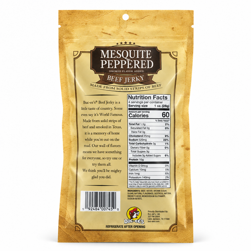 Back of the Buc-ee's Mesquite Peppered Beef Jerky bag showing nutrition facts
