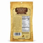 Back of the 4 oz Bohemian Garlic Beef Jerky bag showing the story text and nutrition facts