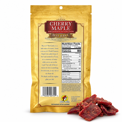 Back of the Buc-ee's Cherry Maple Beef Jerky bag showing nutrition facts, with jerky pieces