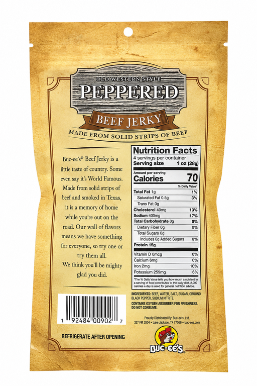 Back of Buc-ee's Old Western Peppered Beef Jerky bag showing nutrition facts and ingredients