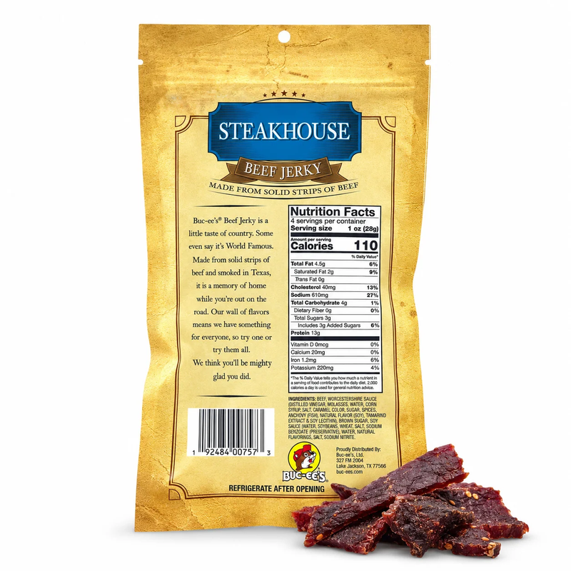 Back of the Buc-ee's Steakhouse Beef Jerky bag with nutrition facts and jerky