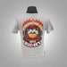 The back of a gray t-shirt featuring a bold design of the Buc-ee's mascot holding a burger with the slogan "Everyone Has Beef With Buc-ee's" surrounded by flames.