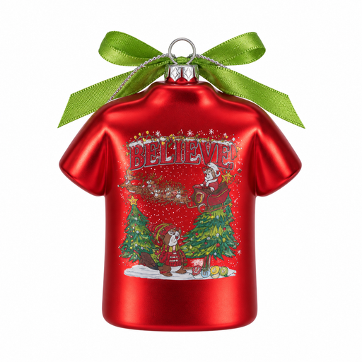 Red glass T-shirt ornament with green bow, back showing Buc-ee's "Believe" Christmas scene with Santa Buc-ee and sleigh